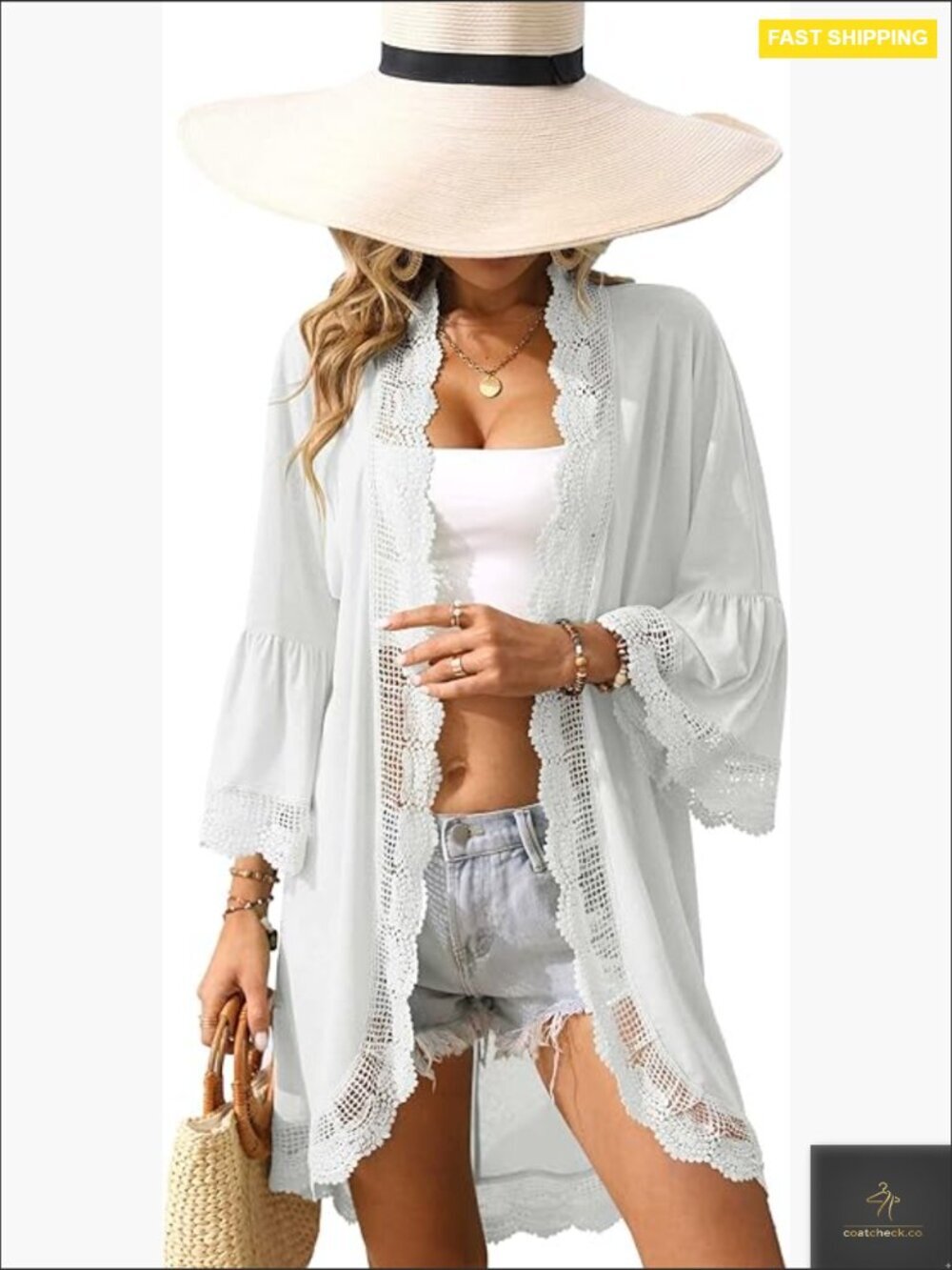 Lightweight Kimono Cardigan 3/4 Ruffle Bell Sleeve Lace Details Open Front